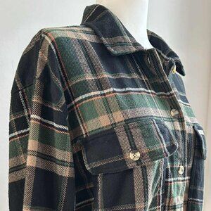 Brixton Forest Green Plaid Brushed Flannel Cropped Shacket with Pockets – US S